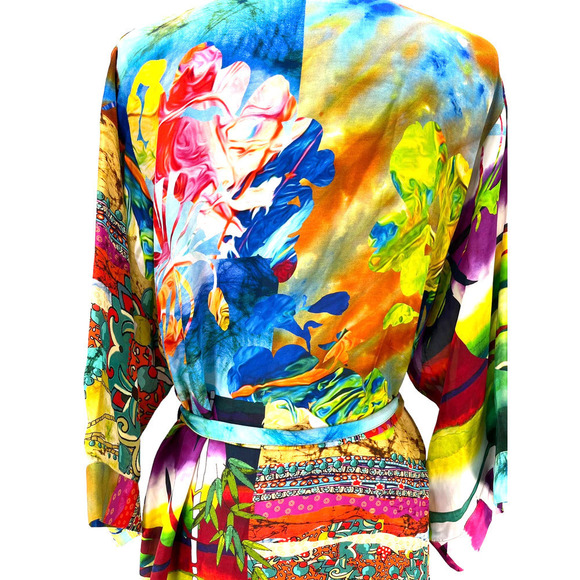 Robert Graham Silk-Blend Jamie Collage Floral Print Kimono or Houserobe L-XL - Picture 10 of 14